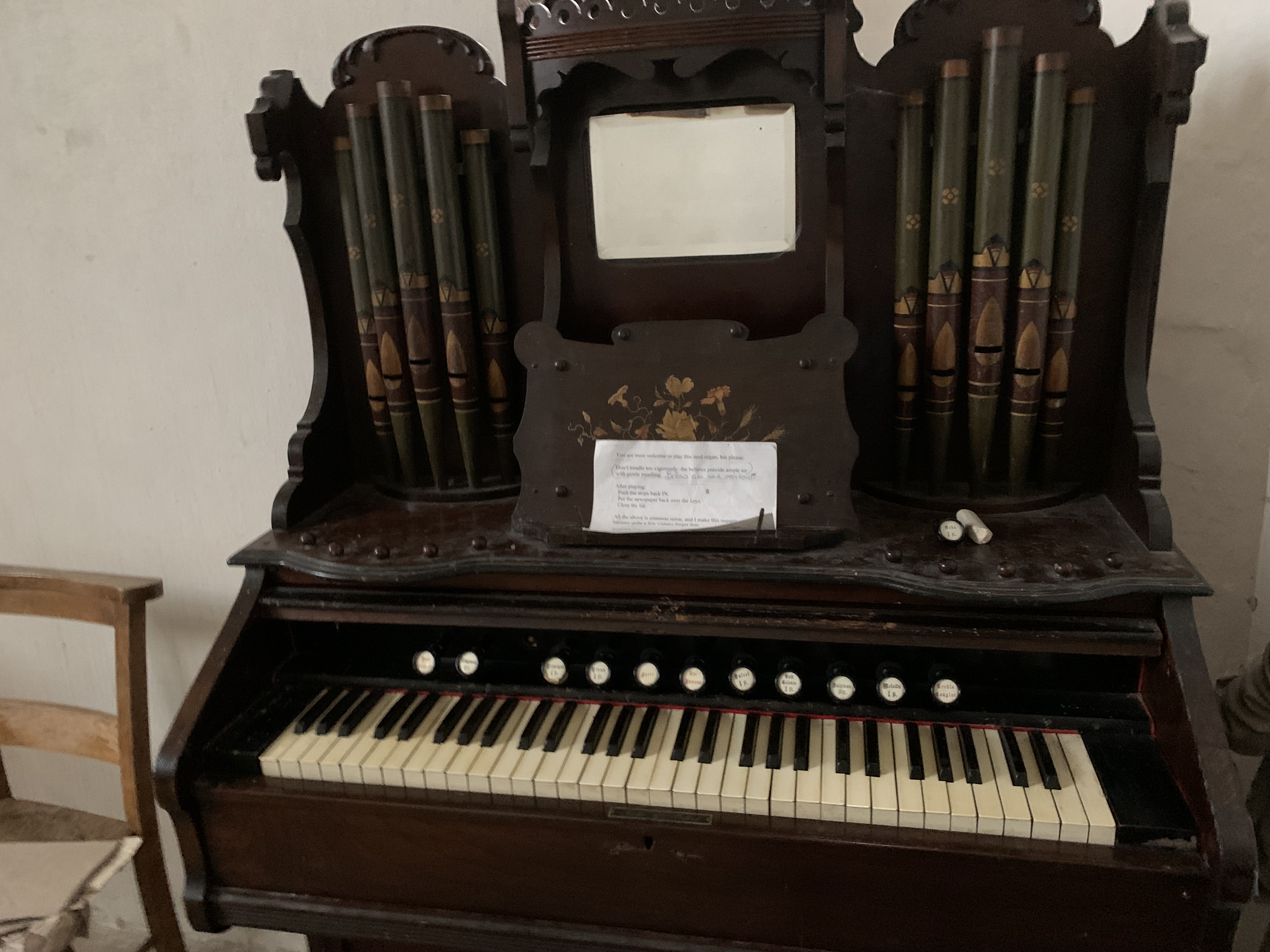 An old pipe organ inside St. Margaret's in Binsey